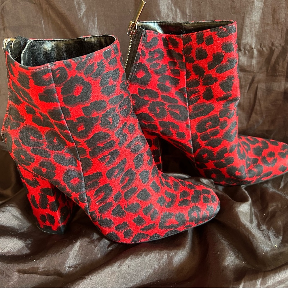 Shoe Dazzle Red Animal Print Ankle Booties